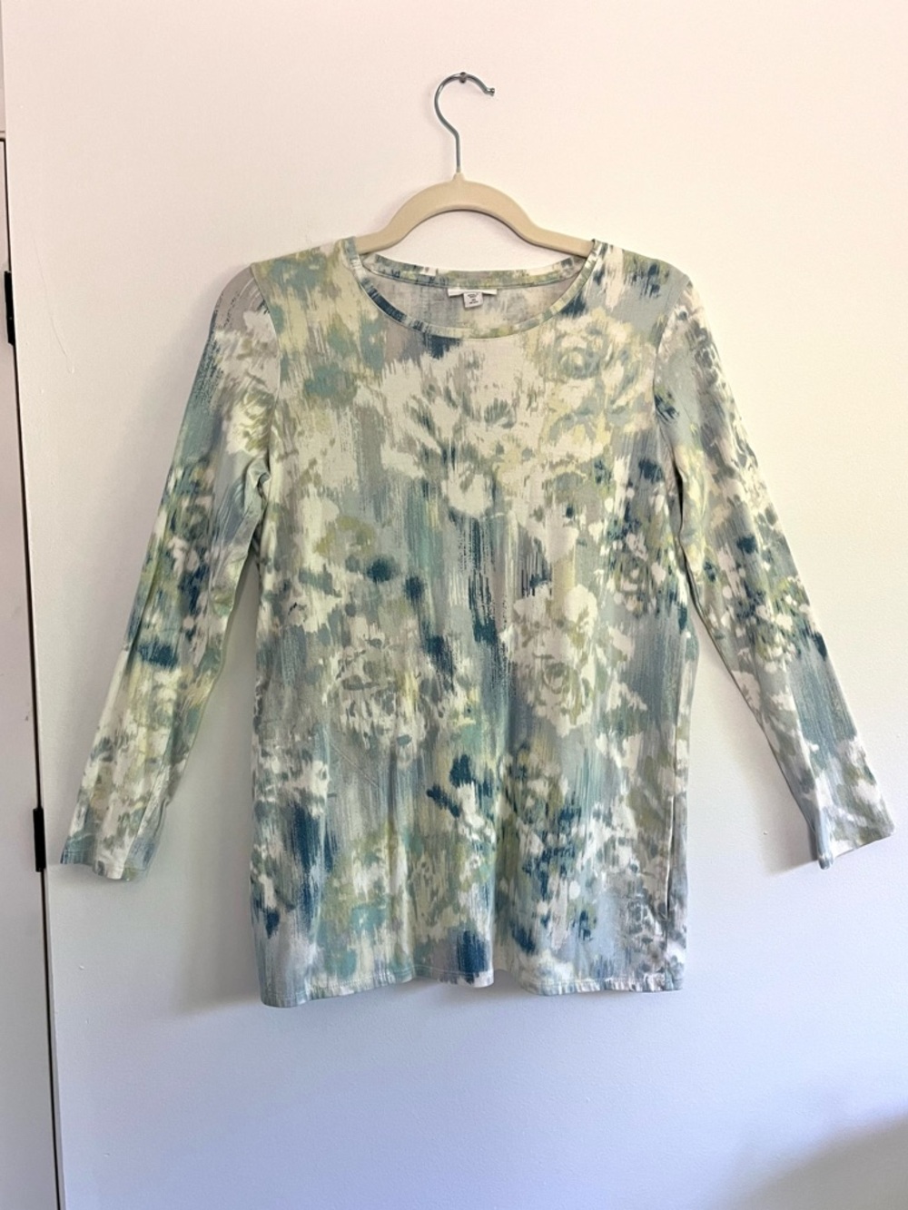 Purejill Light Blue Sage Abstract Floral Watercolor Long Sleeve Top Pima Cotton